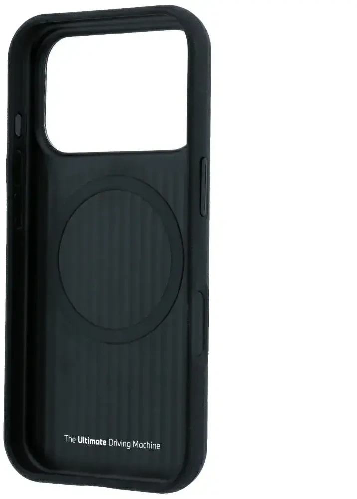 Dėklas BMW M Mėlyna Perfo Metal Logo MagSafe do iPhone 18 Pro / 17 Pro juoda