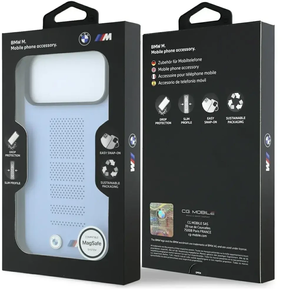 Dėklas BMW M Mėlyna Perfo Metal Logo MagSafe do iPhone 18 Pro / 17 Pro mėlyna