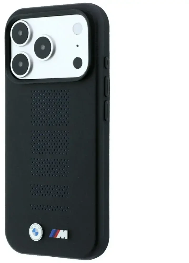 Dėklas BMW M Mėlyna Perfo Metal Logo MagSafe do iPhone 18 Pro / 17 Pro juoda