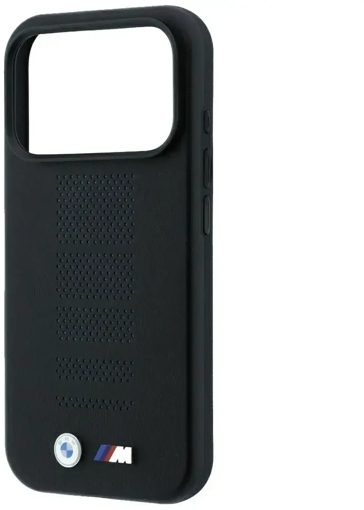 Dėklas BMW M Mėlyna Perfo Metal Logo MagSafe do iPhone 18 Pro / 17 Pro juoda