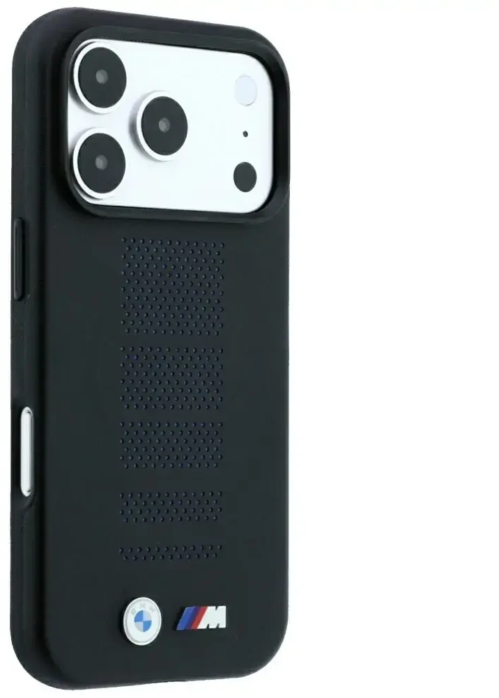 Dėklas BMW M Mėlyna Perfo Metal Logo MagSafe do iPhone 18 Pro / 17 Pro juoda