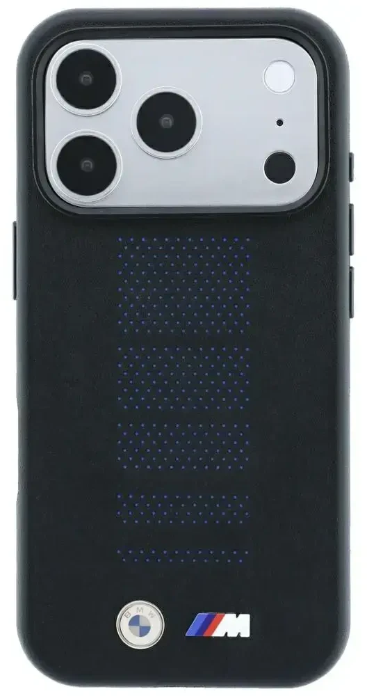 Dėklas BMW M Mėlyna Perfo Metal Logo MagSafe do iPhone 18 Pro / 17 Pro juoda