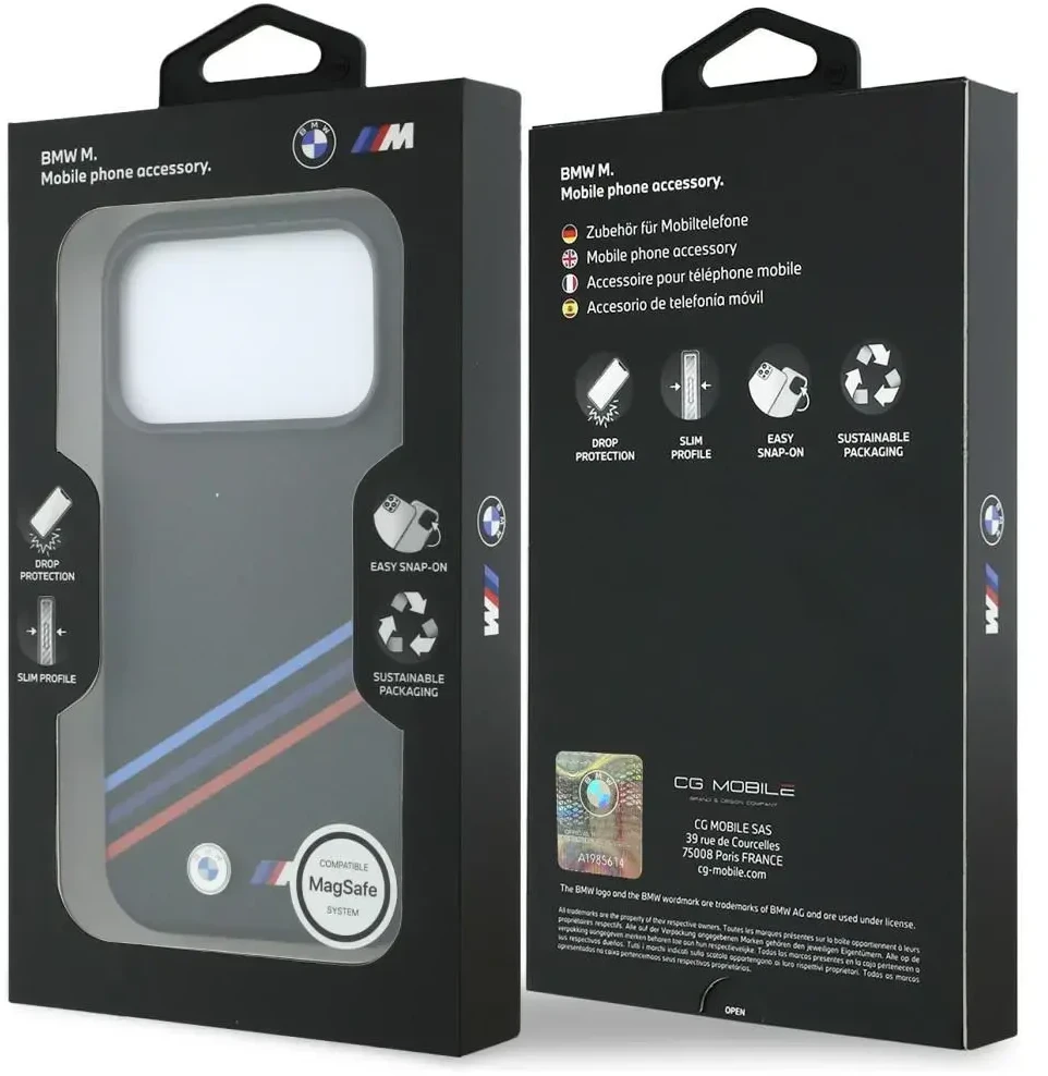 BMW M Quadrille dėklas su Kevlar raštu, tricolor linijomis ir metaliniu logotipu, MagSafe, skirtas iPhone 18 Pro / 17 Pro