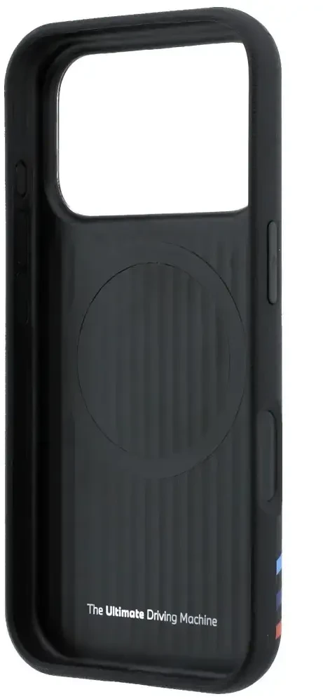BMW M Quadrille dėklas su Kevlar raštu, tricolor linijomis ir metaliniu logotipu, MagSafe, skirtas iPhone 18 Pro / 17 Pro