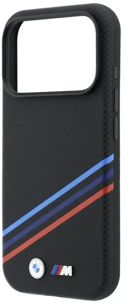 Dėklas BMW M Quadrille Kevlar Print Tricolor Lines & Metal Logo MagSafe do iPhone 18 Pro Max / 17 Pro Max juoda