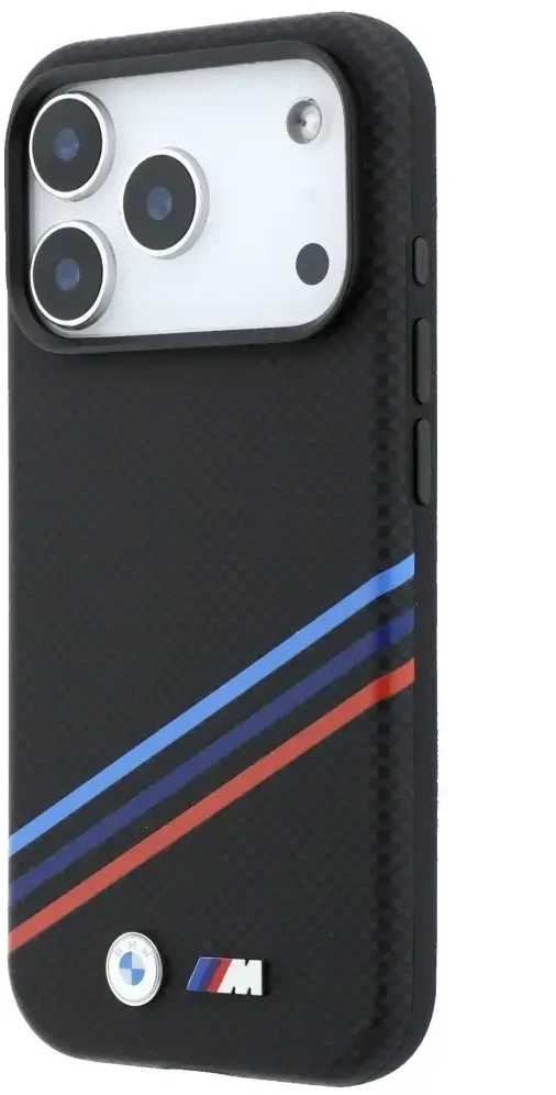 Dėklas BMW M Quadrille Kevlar Print Tricolor Lines & Metal Logo MagSafe do iPhone 18 Pro Max / 17 Pro Max juoda
