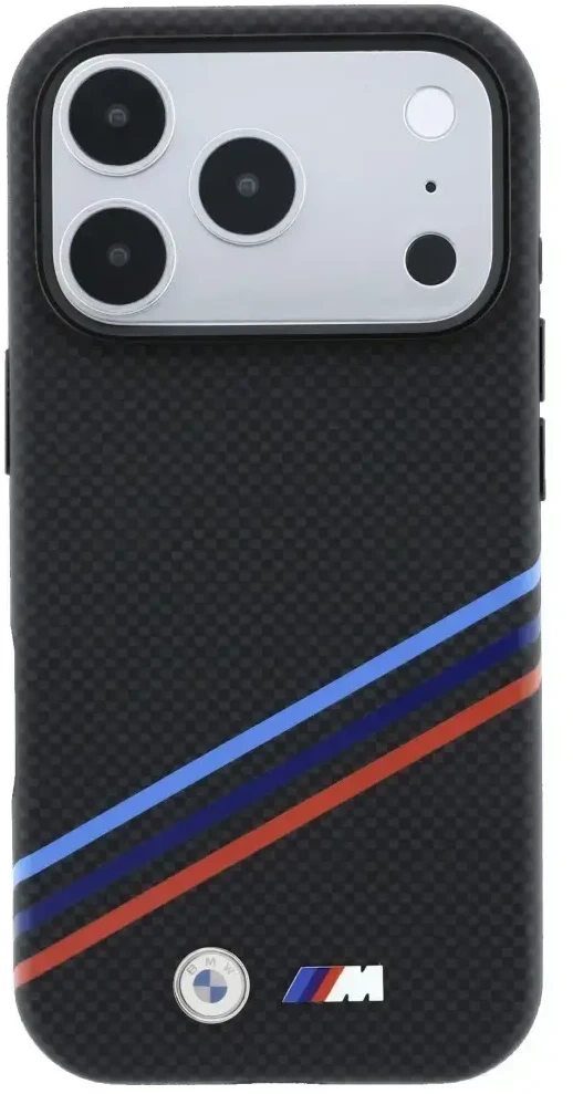 Dėklas BMW M Quadrille Kevlar Print Tricolor Lines & Metal Logo MagSafe do iPhone 18 Pro Max / 17 Pro Max juoda
