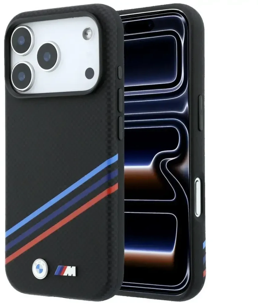 Dėklas BMW M Quadrille Kevlar Print Tricolor Lines & Metal Logo MagSafe do iPhone 18 Pro Max / 17 Pro Max juoda