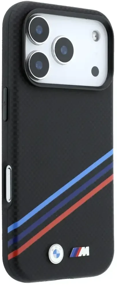 Dėklas BMW M Quadrille Kevlar Print Tricolor Lines & Metal Logo MagSafe do iPhone 18 Pro Max / 17 Pro Max juoda