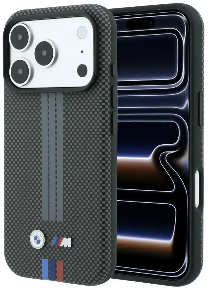 Dėklas BMW M Quadrille Kevlar Tricolor Print Lines MagSafe do iPhone 18 Pro / 17 Pro antracytowy