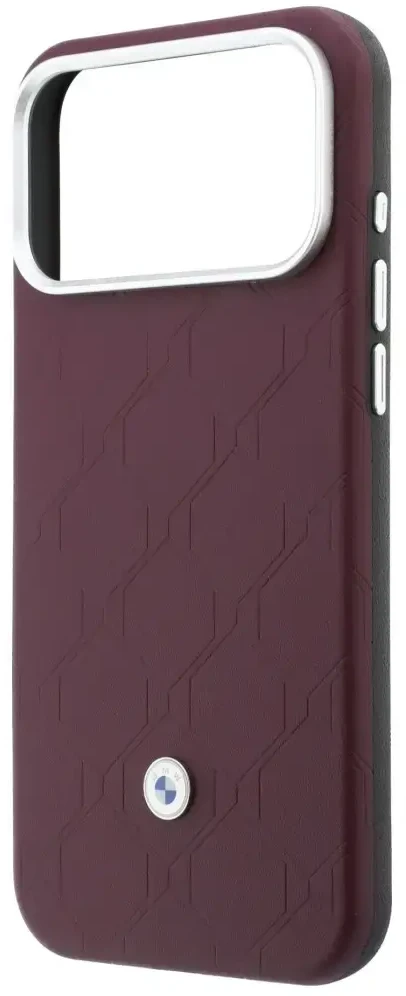 Rinkinys Dėklas + portfel BMW Quilted Pattern Metal Logo do iPhone 18 Pro / 17 Pro bordo spalvos