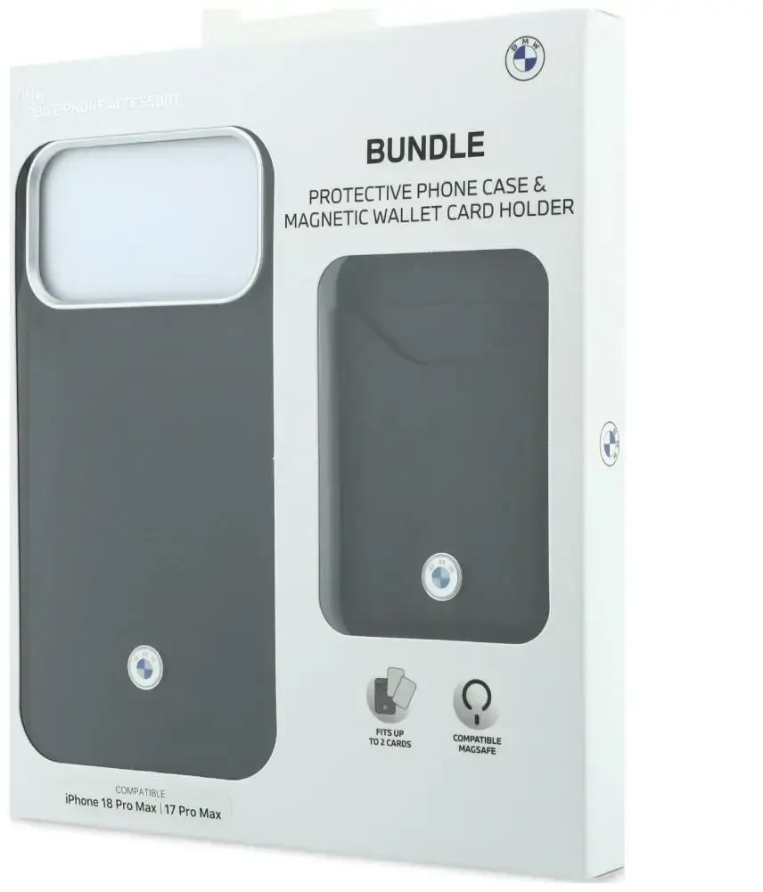 Rinkinys Dėklas + portfel BMW Quilted Pattern Metal Logo do iPhone 18 Pro Max / 17 Pro Max juoda