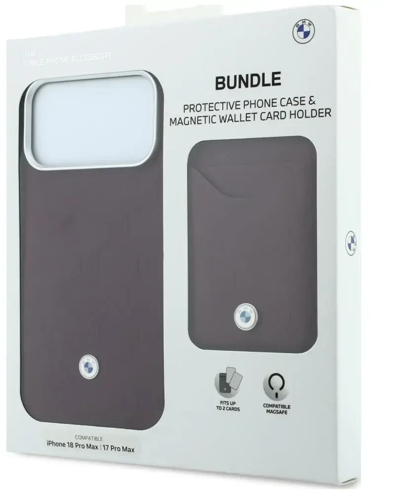 Rinkinys Dėklas + portfel BMW Quilted Pattern Metal Logo do iPhone 18 Pro Max / 17 Pro Max bordo spalvos