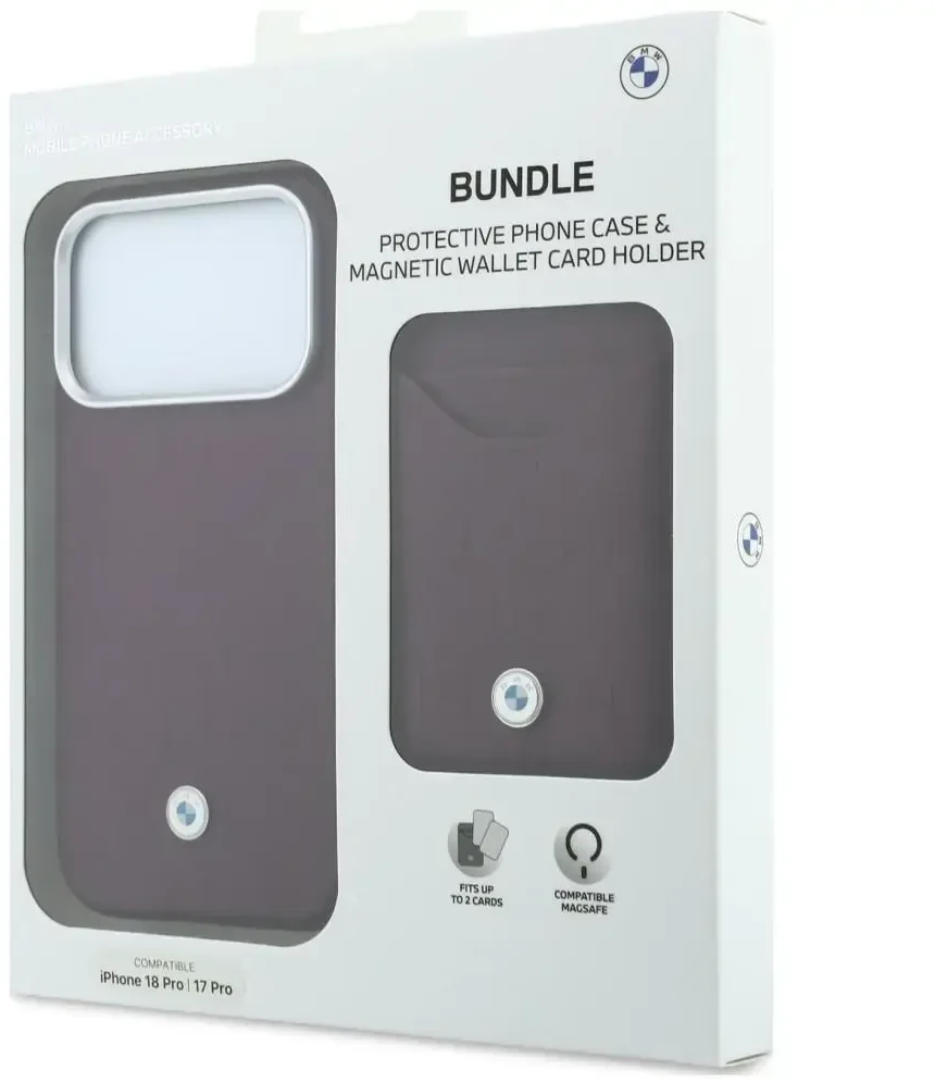 Rinkinys Dėklas + portfel BMW Quilted Pattern Metal Logo do iPhone 18 Pro / 17 Pro bordo spalvos