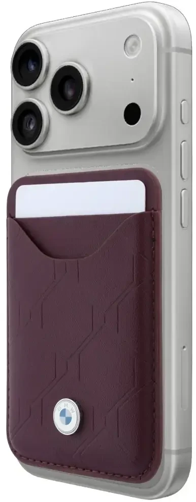 Rinkinys Dėklas + portfel BMW Quilted Pattern Metal Logo do iPhone 18 Pro / 17 Pro bordo spalvos