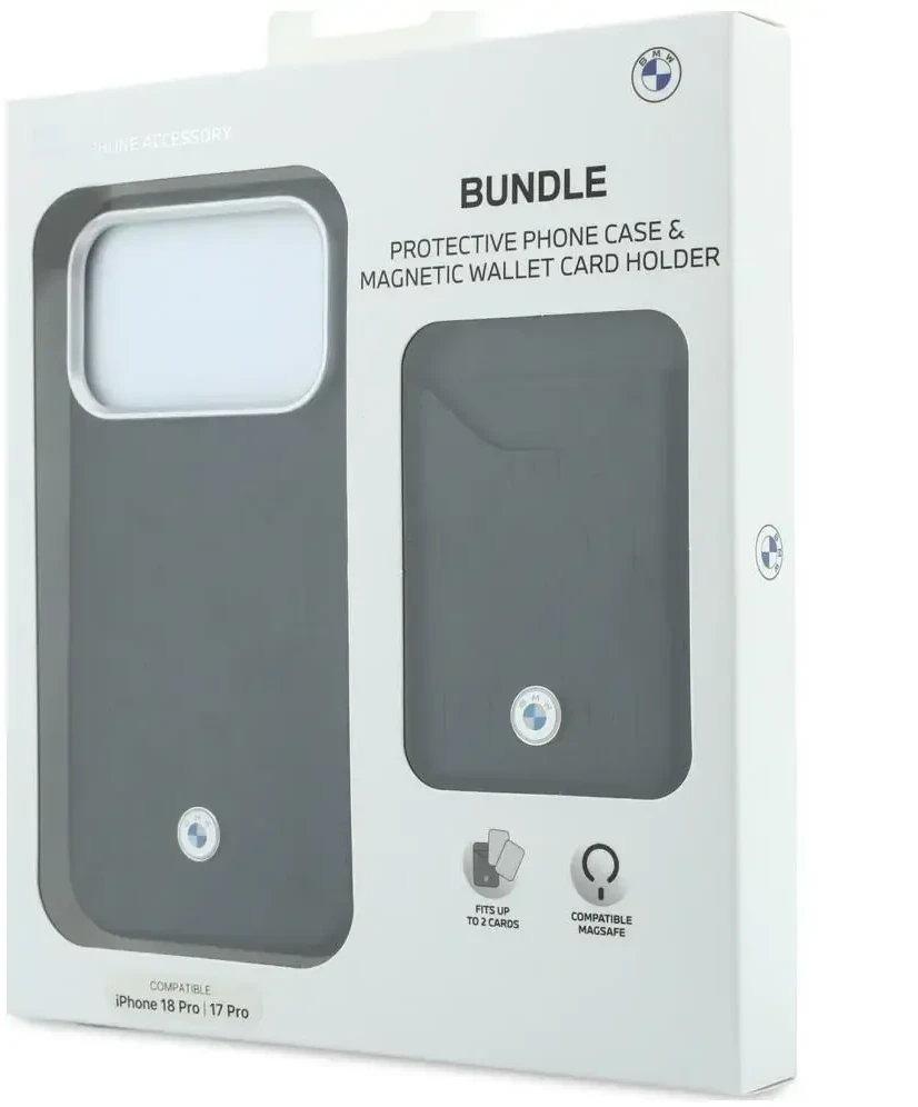 BMW „Quilted Pattern Metal Logo“ dėklas ir piniginė, skirti iPhone 18 Pro / 17 Pro, juodas