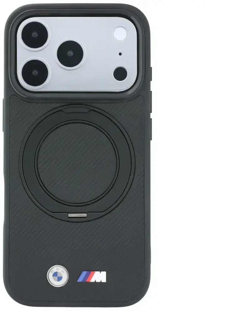 Dėklas BMW Kevlar Ring Stand 360 MagSafe do iPhone 18 Pro / 17 Pro juoda
