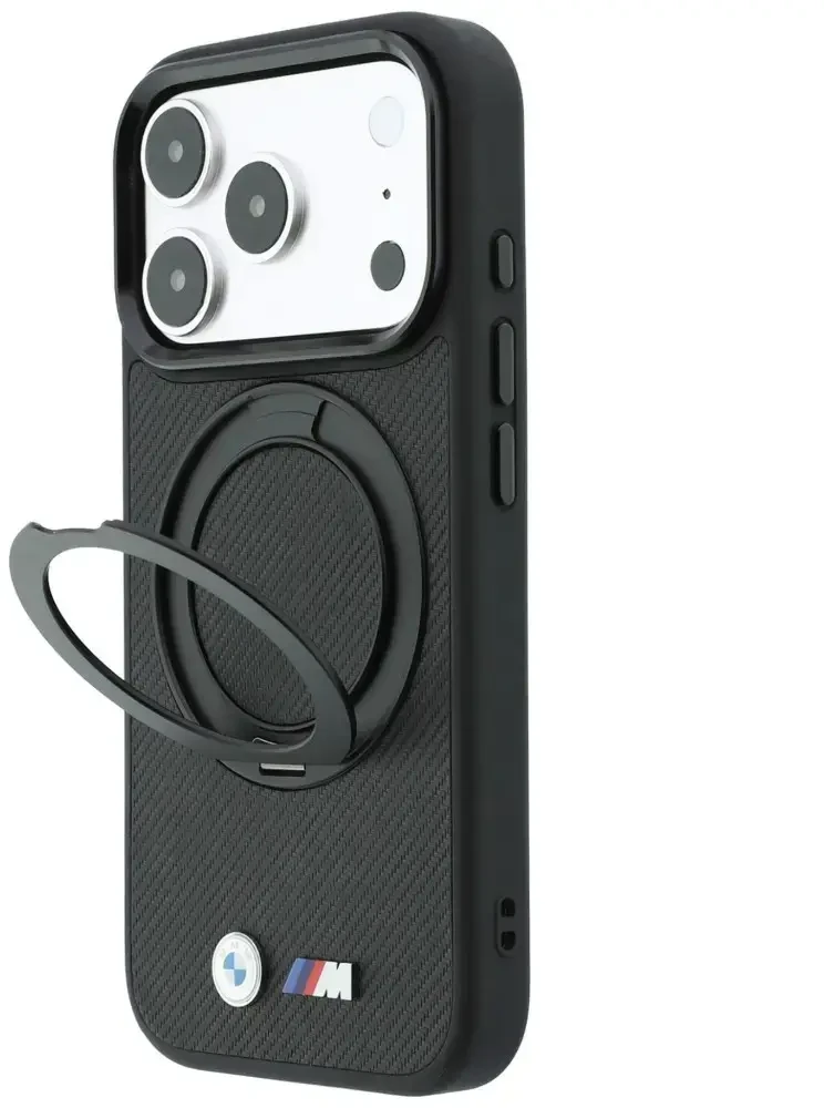 Dėklas BMW Kevlar Ring Stand 360 MagSafe do iPhone 18 Pro / 17 Pro juoda