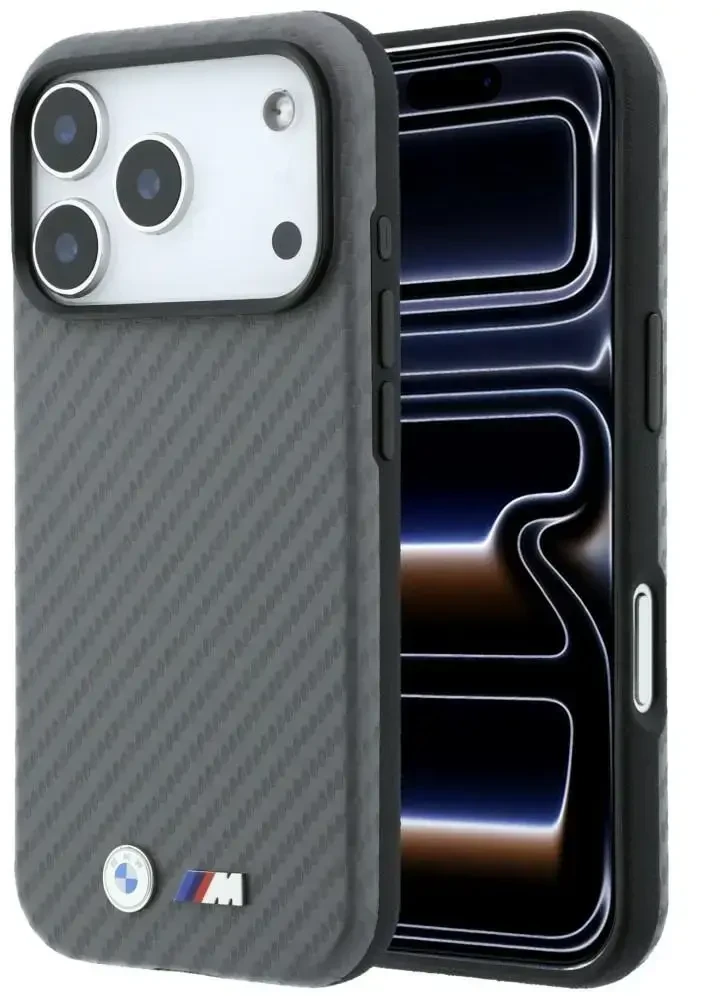 Dėklas BMW M Carbon Metal Logo MagSafe skirtas iPhone 18 Pro pilkas