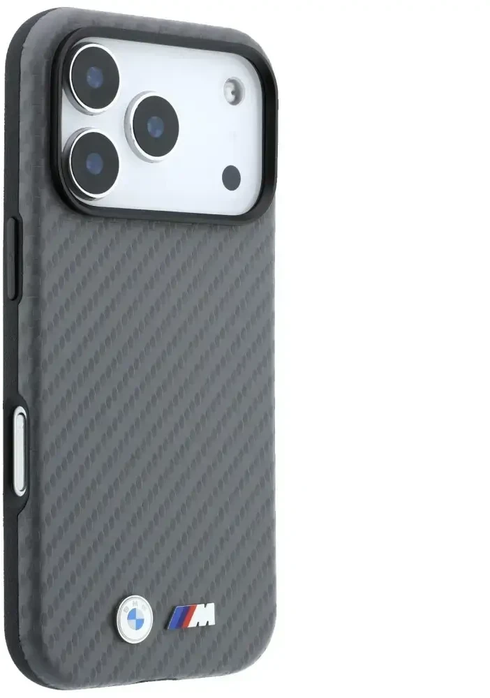 Dėklas BMW M Carbon Metal Logo MagSafe skirtas iPhone 18 Pro pilkas