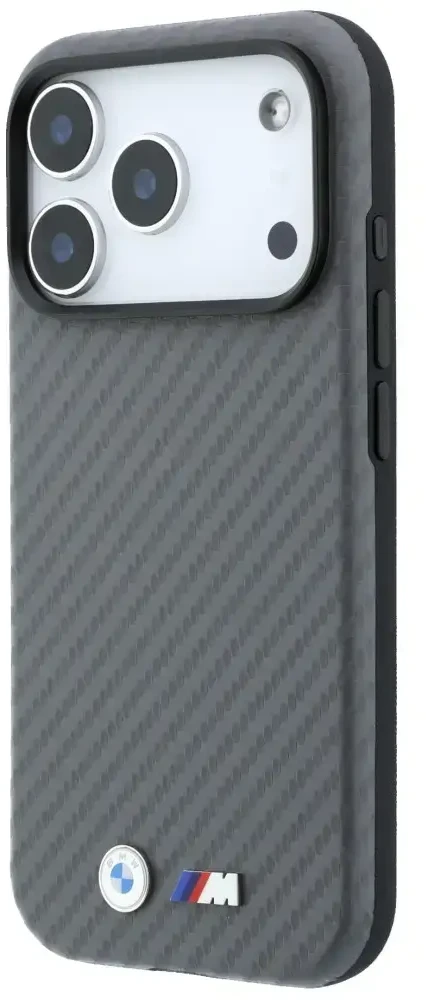 Dėklas BMW M Carbon Metal Logo MagSafe skirtas iPhone 18 Pro pilkas