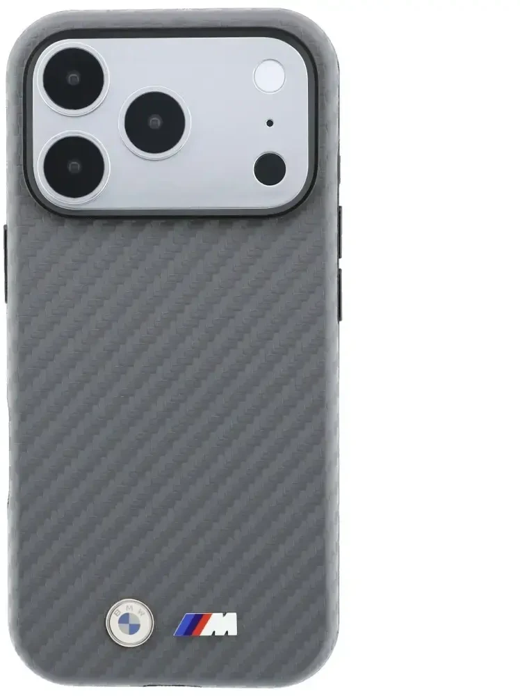 Dėklas BMW M Carbon Metal Logo MagSafe skirtas iPhone 18 Pro pilkas