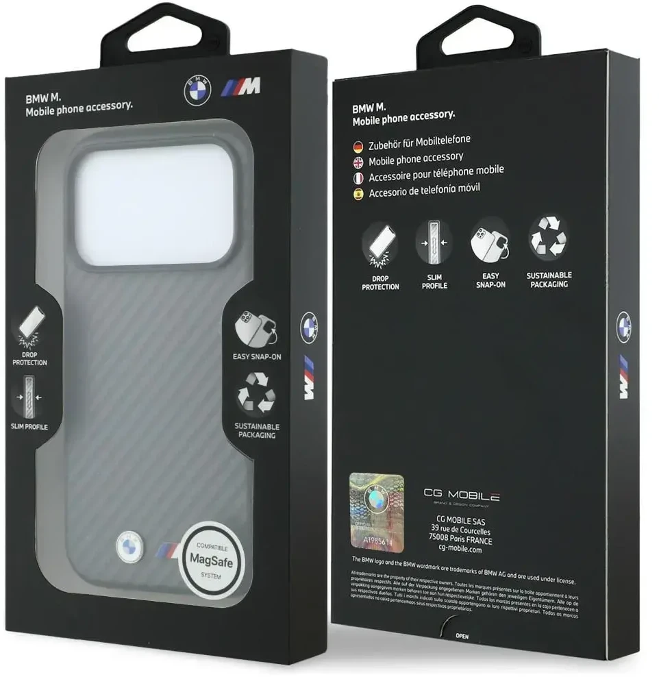 Dėklas BMW M Carbon Metal Logo MagSafe skirtas iPhone 18 Pro pilkas