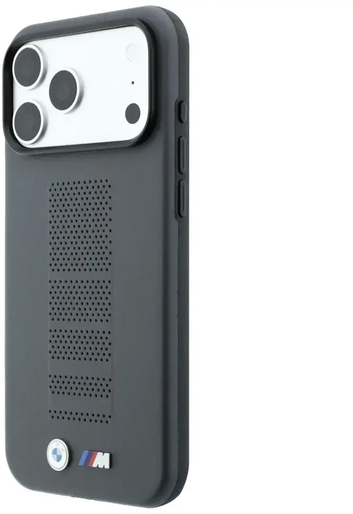 Dėklas BMW M Mėlyna Perfo Metal Logo MagSafe do iPhone 18 Pro / 17 Pro pilka