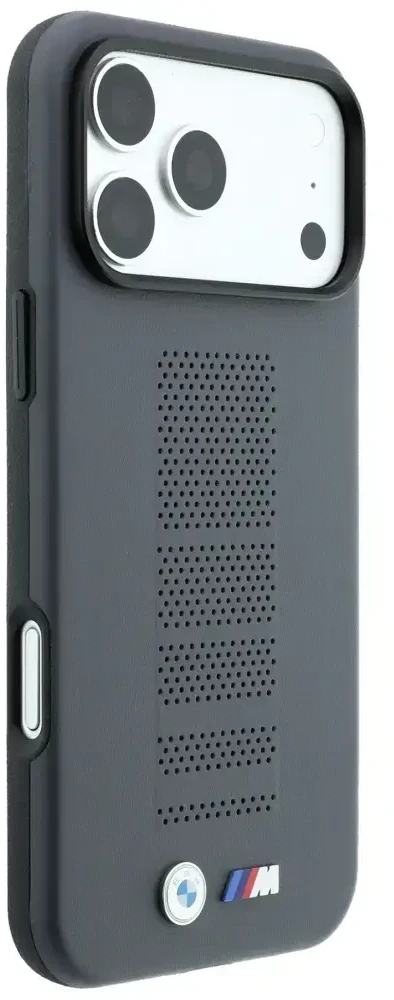Dėklas BMW M Mėlyna Perfo Metal Logo MagSafe do iPhone 18 Pro / 17 Pro pilka