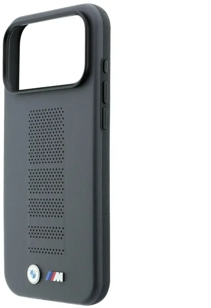 Dėklas BMW M Mėlyna Perfo Metal Logo MagSafe, skirtas iPhone 18 Pro Max / 17 Pro Max, pilkas
