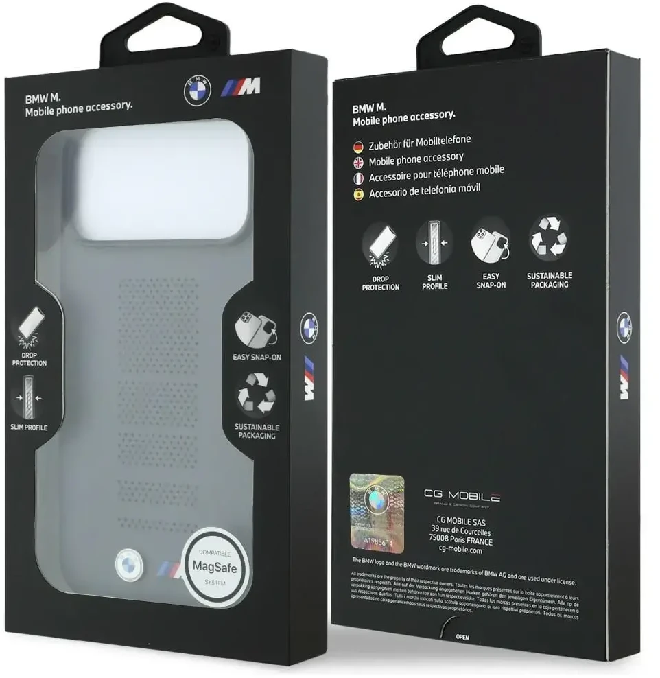 Dėklas BMW M Mėlyna Perfo Metal Logo MagSafe, skirtas iPhone 18 Pro Max / 17 Pro Max, pilkas