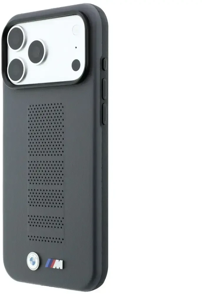 Dėklas BMW M Mėlyna Perfo Metal Logo MagSafe, skirtas iPhone 18 Pro Max / 17 Pro Max, pilkas