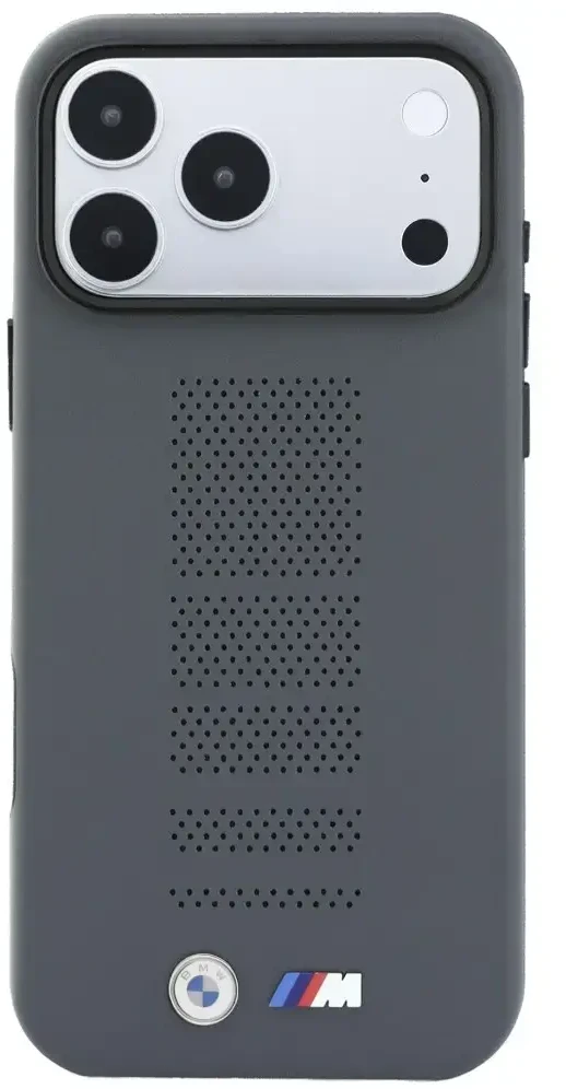Dėklas BMW M Mėlyna Perfo Metal Logo MagSafe, skirtas iPhone 18 Pro Max / 17 Pro Max, pilkas