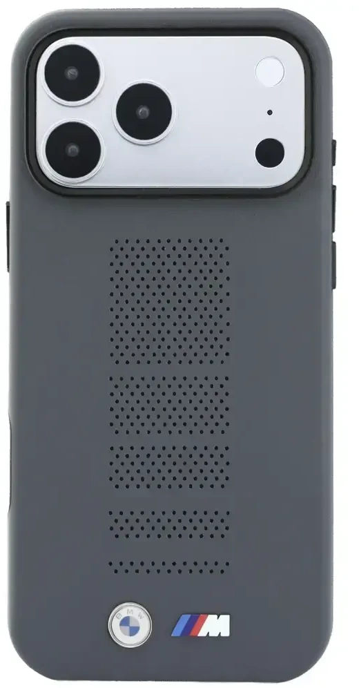 Dėklas BMW M Mėlyna Perfo Metal Logo MagSafe do iPhone 18 Pro / 17 Pro pilka
