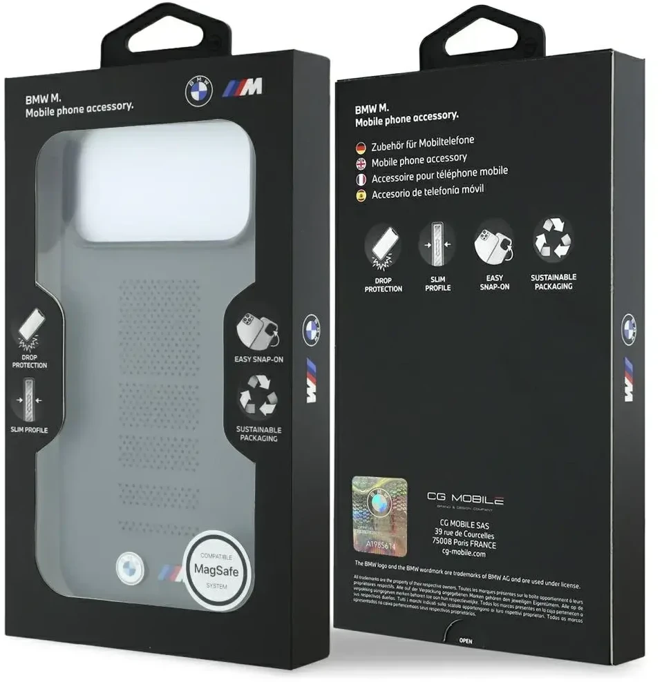 Dėklas BMW M Mėlyna Perfo Metal Logo MagSafe do iPhone 18 Pro / 17 Pro pilka