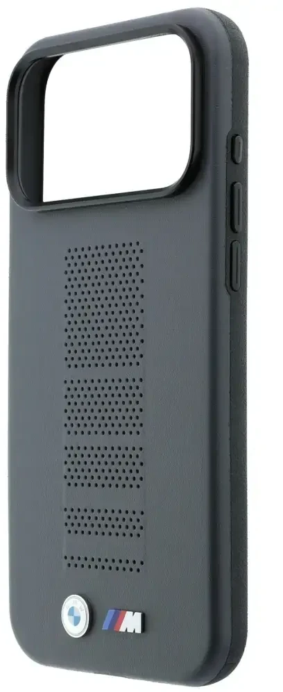 Dėklas BMW M Mėlyna Perfo Metal Logo MagSafe do iPhone 18 Pro / 17 Pro pilka