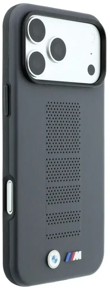 Dėklas BMW M Mėlyna Perfo Metal Logo MagSafe, skirtas iPhone 18 Pro Max / 17 Pro Max, pilkas