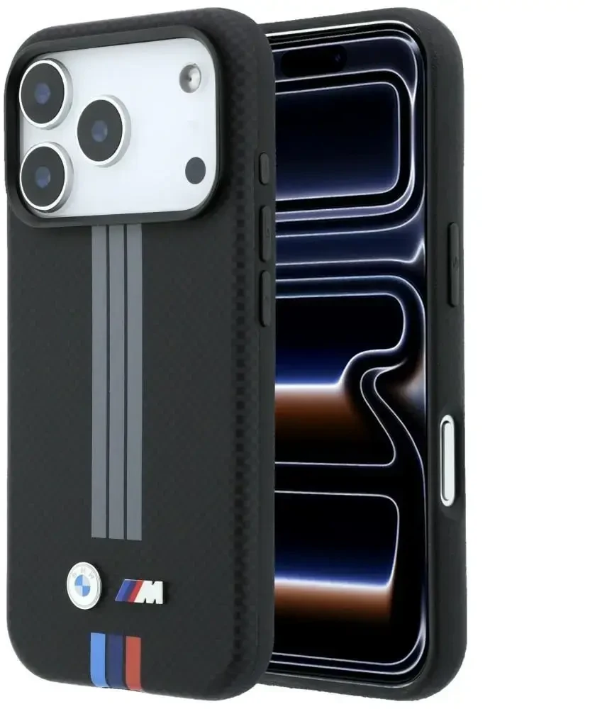 Dėklas BMW M Quadrille Kevlar Anthracite & Tricolor Print Lines MagSafe do iPhone 18 Pro / 17 Pro juoda