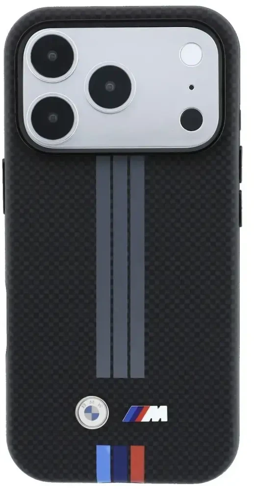 Dėklas BMW M Quadrille Kevlar Anthracite & Tricolor Print Lines MagSafe do iPhone 18 Pro / 17 Pro juoda