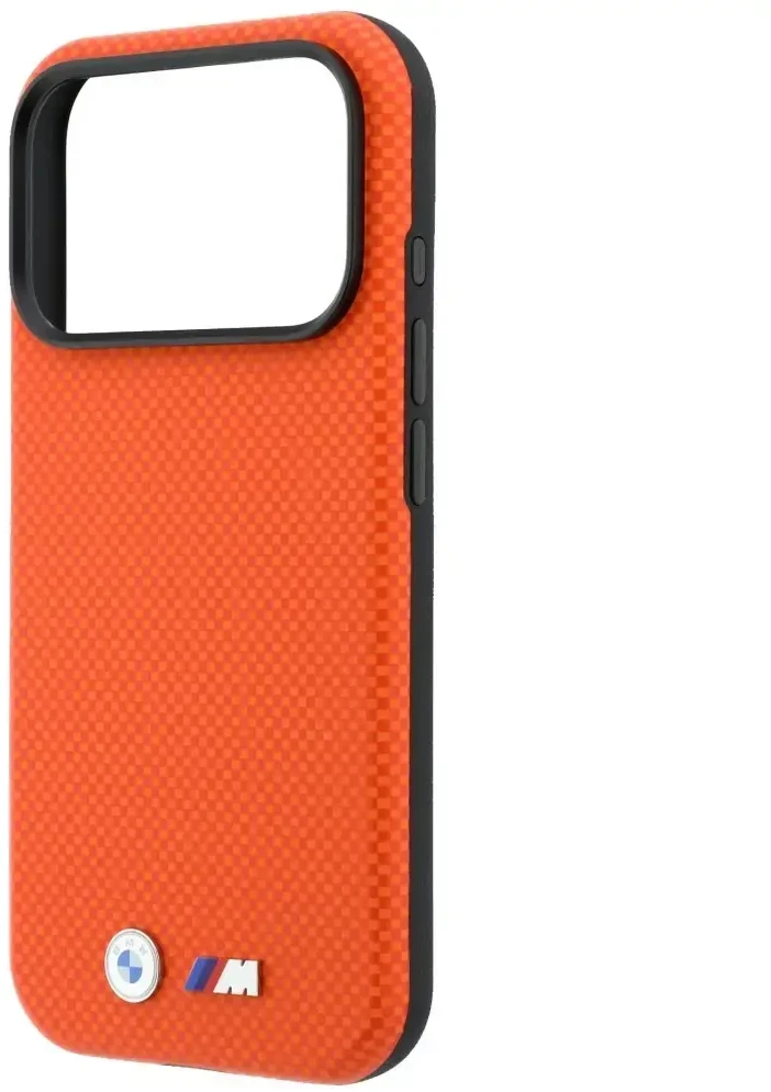 Dėklas BMW M Quadrille Kevlar Metal Logo MagSafe do iPhone 18 Pro / 17 Pro oranžinė