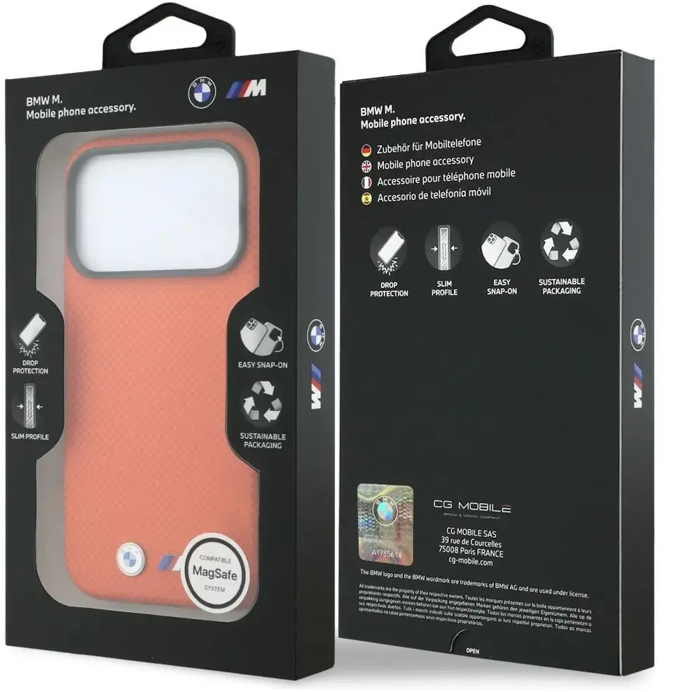 Dėklas BMW M Quadrille Kevlar Metal Logo MagSafe do iPhone 18 Pro / 17 Pro oranžinė