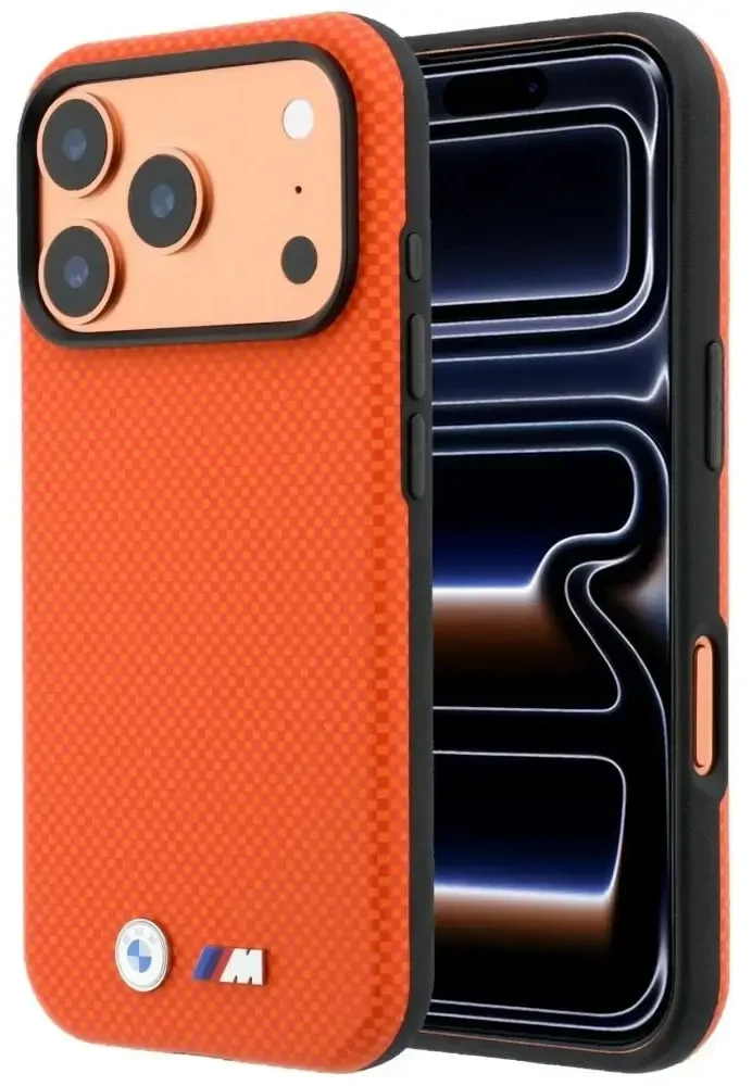 Dėklas BMW M Quadrille Kevlar Metal Logo MagSafe do iPhone 18 Pro / 17 Pro oranžinė