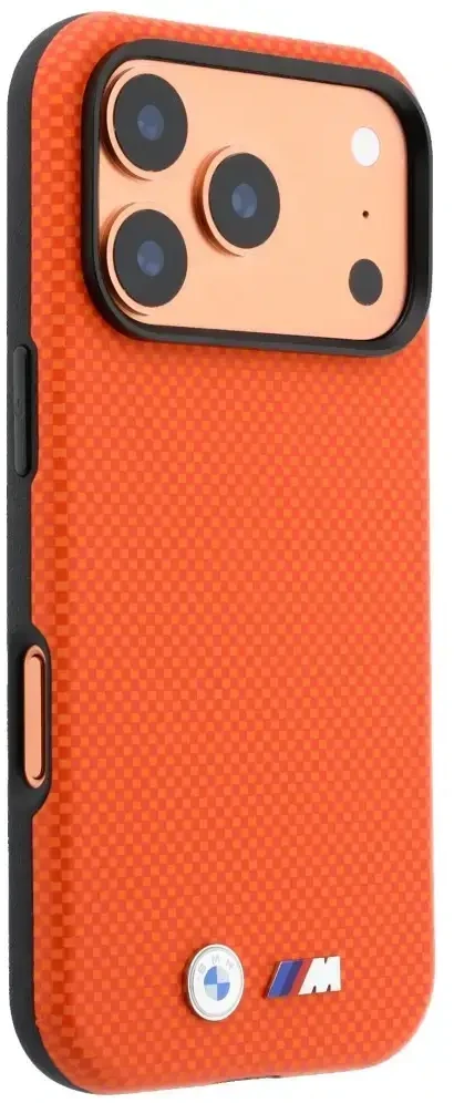 Dėklas BMW M Quadrille Kevlar Metal Logo MagSafe do iPhone 18 Pro / 17 Pro oranžinė