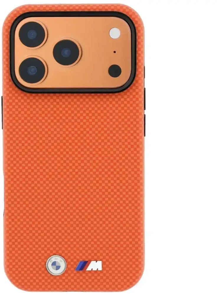 Dėklas BMW M Quadrille Kevlar Metal Logo MagSafe do iPhone 18 Pro / 17 Pro oranžinė