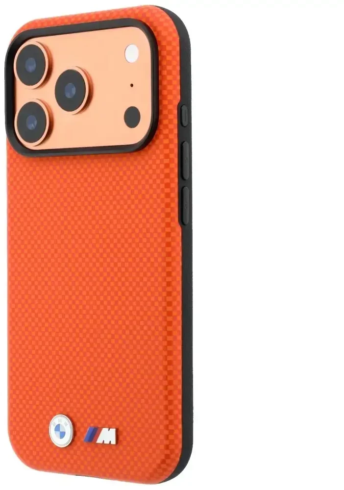 Dėklas BMW M Quadrille Kevlar Metal Logo MagSafe do iPhone 18 Pro / 17 Pro oranžinė