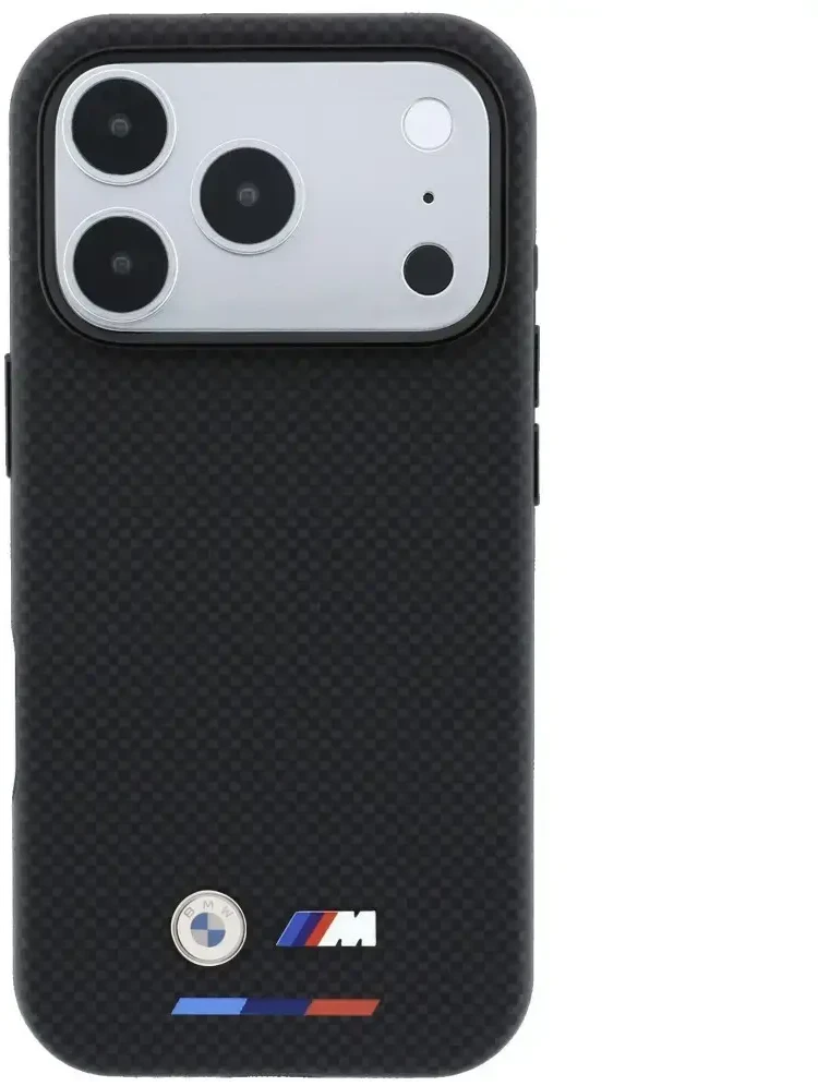 Dėklas BMW M Quadrille Kevlar Tricolor & Metal Logo MagSafe do iPhone 18 Pro Max / 17 Pro Max juoda