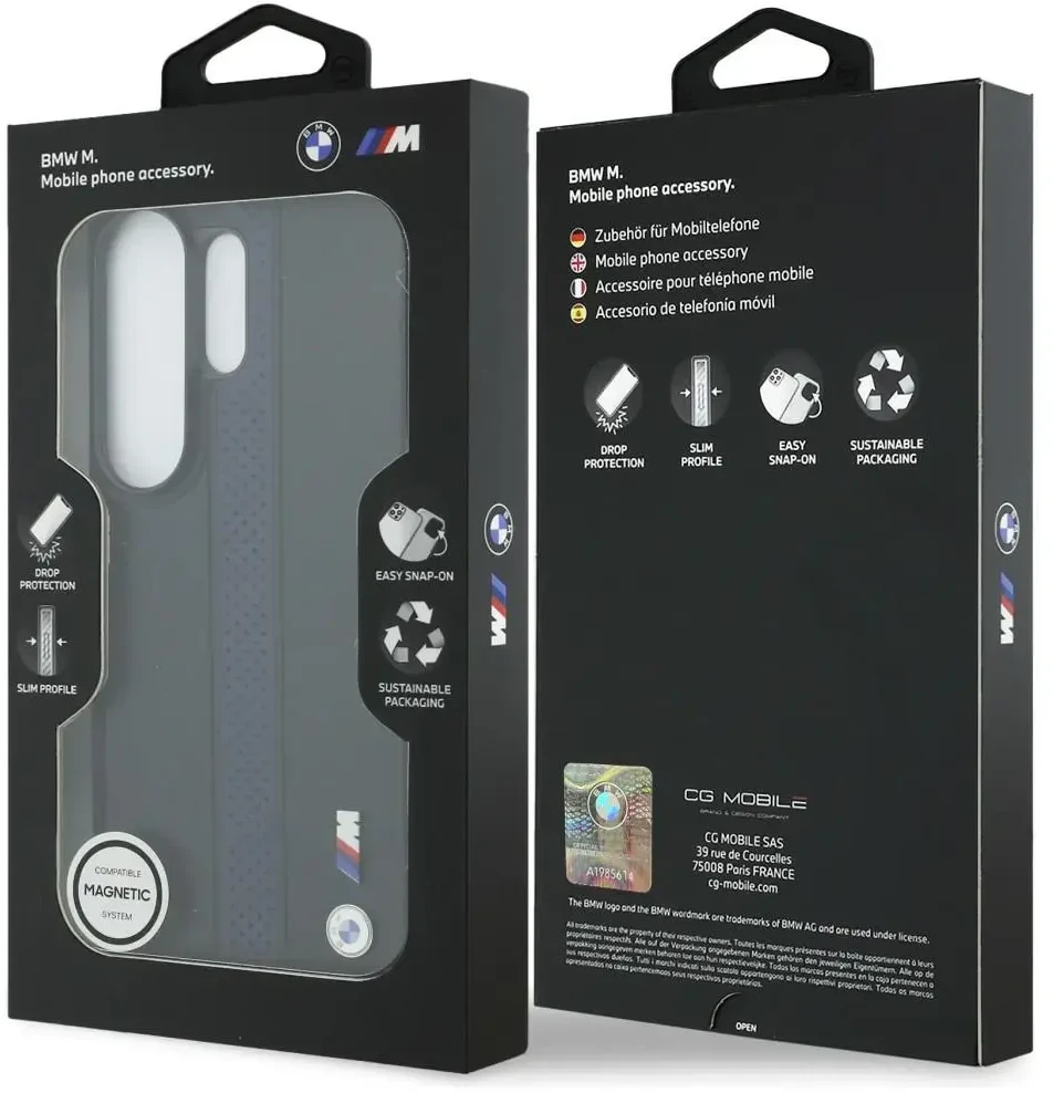 BMW M PU Leather Perforated Stripes and Metal Logo Magnetic dėklas skirtas Samsung Galaxy S26 Ultra Mėlyna