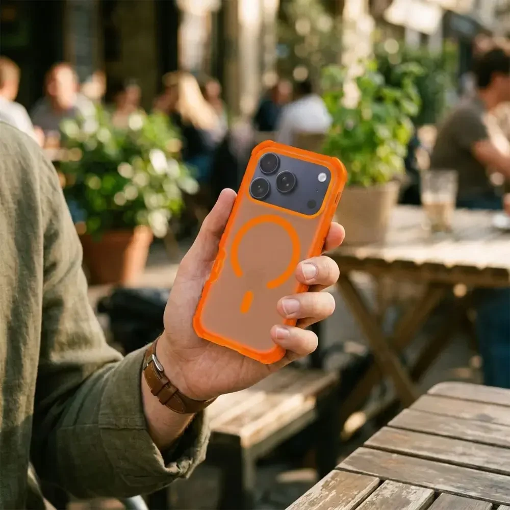 Dėklas, skirtas iPhone 18 Pro / 17 Pro, Forcell F-Protect BumperX Premium, suderinamas su MagSafe, oranžinės spalvos
