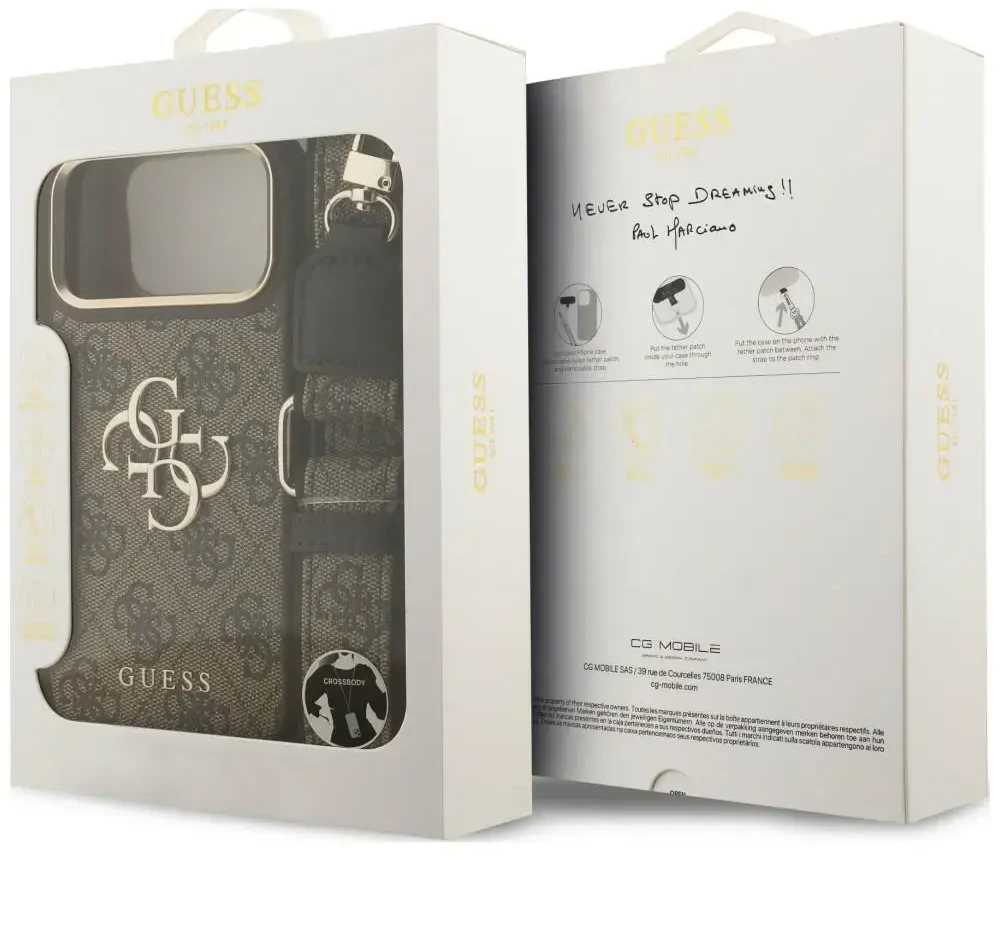 Dėklas Guess 4G Big 4G Classic Logo Big Strap Metal Mygtukai do iPhone 18 Pro / 17 Pro ruda