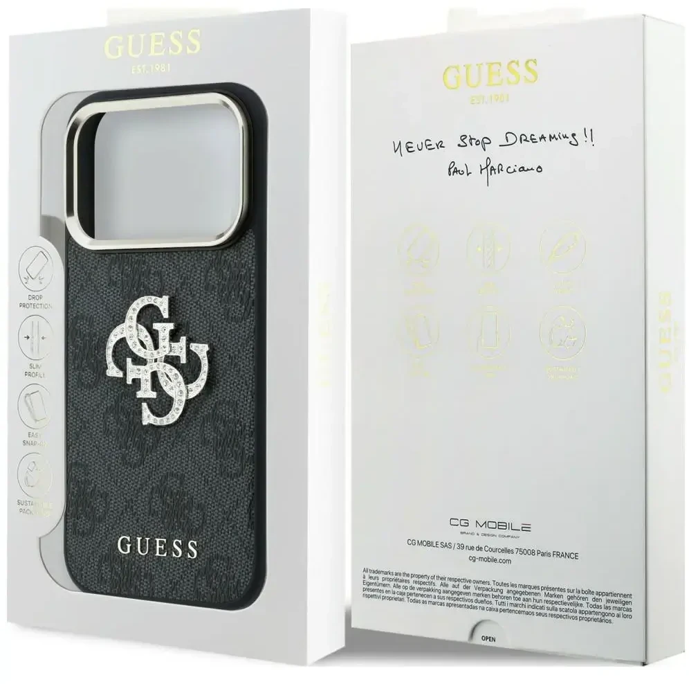 Dėklas Guess 4G & Big Strass Logo do iPhone 18 Pro Max / 17 Pro Max juoda